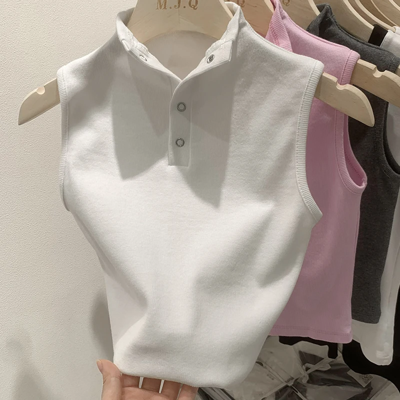 Summer Polo Collar Women's Short Tank T-Shirts 2023 New Buttons Sleeveless Casual Slim Shirts Bottom Korean Chic Tops Female
Summer Polo Collar Women's Short Tank T-Shirts 2023 New Buttons Sleeveless Casual Slim Shirts Bottom Korean Chic Tops Female