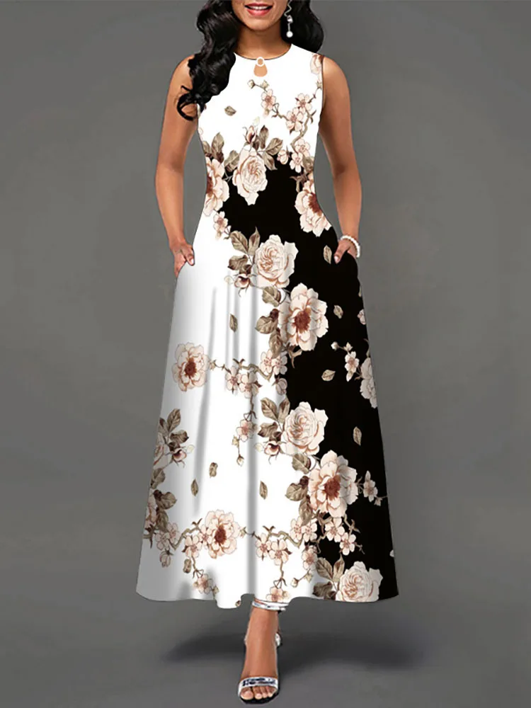 

Женское богемное платье без рукавов, элегантное ажурное платье с цветочным принтом, привлекательное Платье макси с высокой талией и широкой юбкой