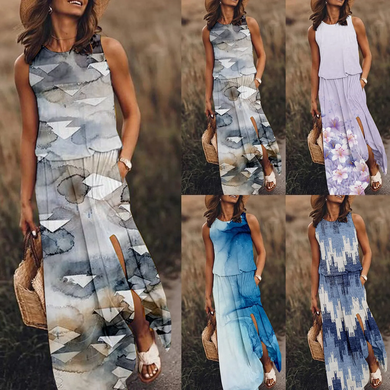 Женское платье-макси без рукавов, с круглым вырезом 
Женское платье-макси без рукавов, с круглым вырезом