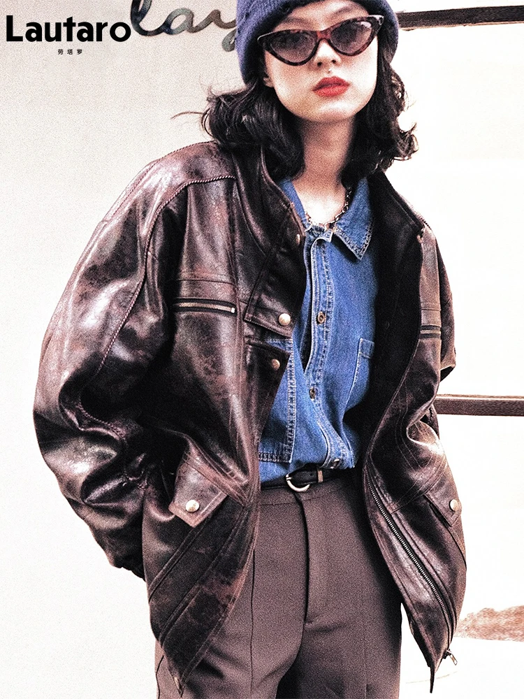 Lautaro Spring Autumn Waterproof Windproof Retro Cool Oversized Distress Leather Jacket Women Zipper Long Sleeve Fashion 2022
Lautaro Spring Autumn Waterproof Windproof Retro Cool Oversized Distress Leather Jacket Women Zipper Long Sleeve Fashion 2022