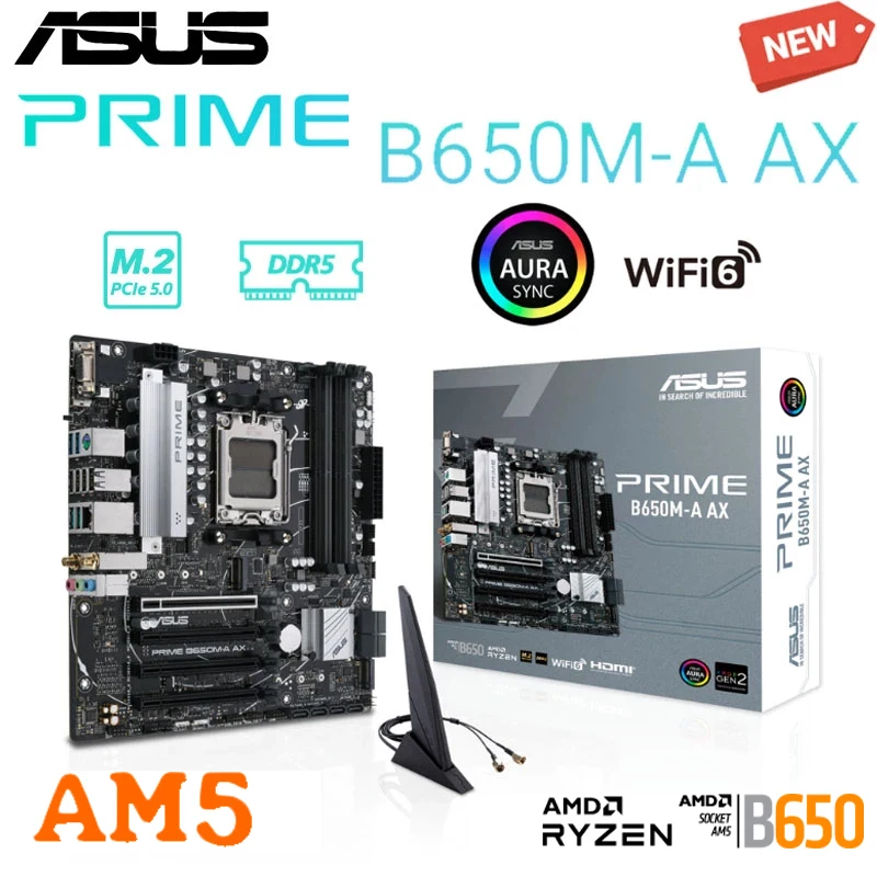 

ASUS PRIME B650M-A AX Socket AM5 материнская плата с поддержкой AMD Ryzen 7000 серии DDR5 128 ГБ 6400 МГц PCI-E 4,0 Экспо ОЗУ для настольного компьютера, Новинка