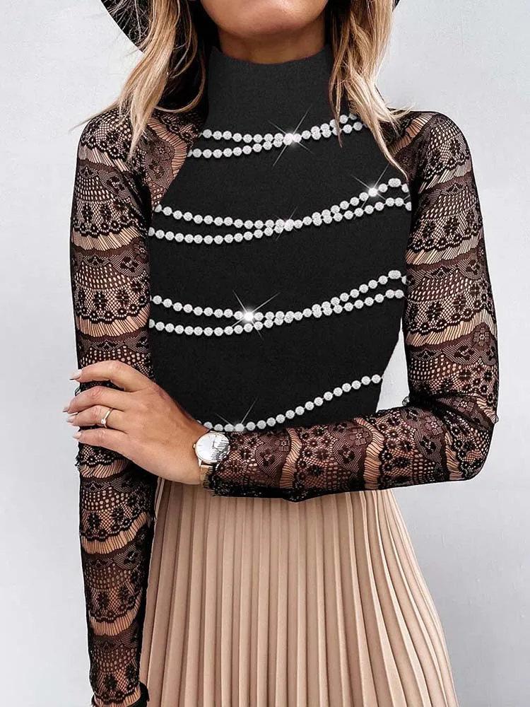 Elegant Women Turtleneck Pullover Fashion Commute Flower Lace Long Sleeve Blouse Top Casual Patchwork Office Lady Blusa Shirt
Elegant Women Turtleneck Pullover Fashion Commute Flower Lace Long Sleeve Blouse Top Casual Patchwork Office Lady Blusa Shirt