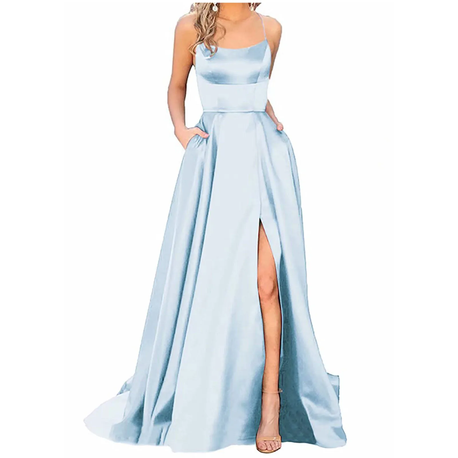 

Women'S Long Ball Dresses Elegant Halterneck Criss-Cross Satin Spaghetti Strap Party Dress Side Slit Wedding Pockets Vestidos