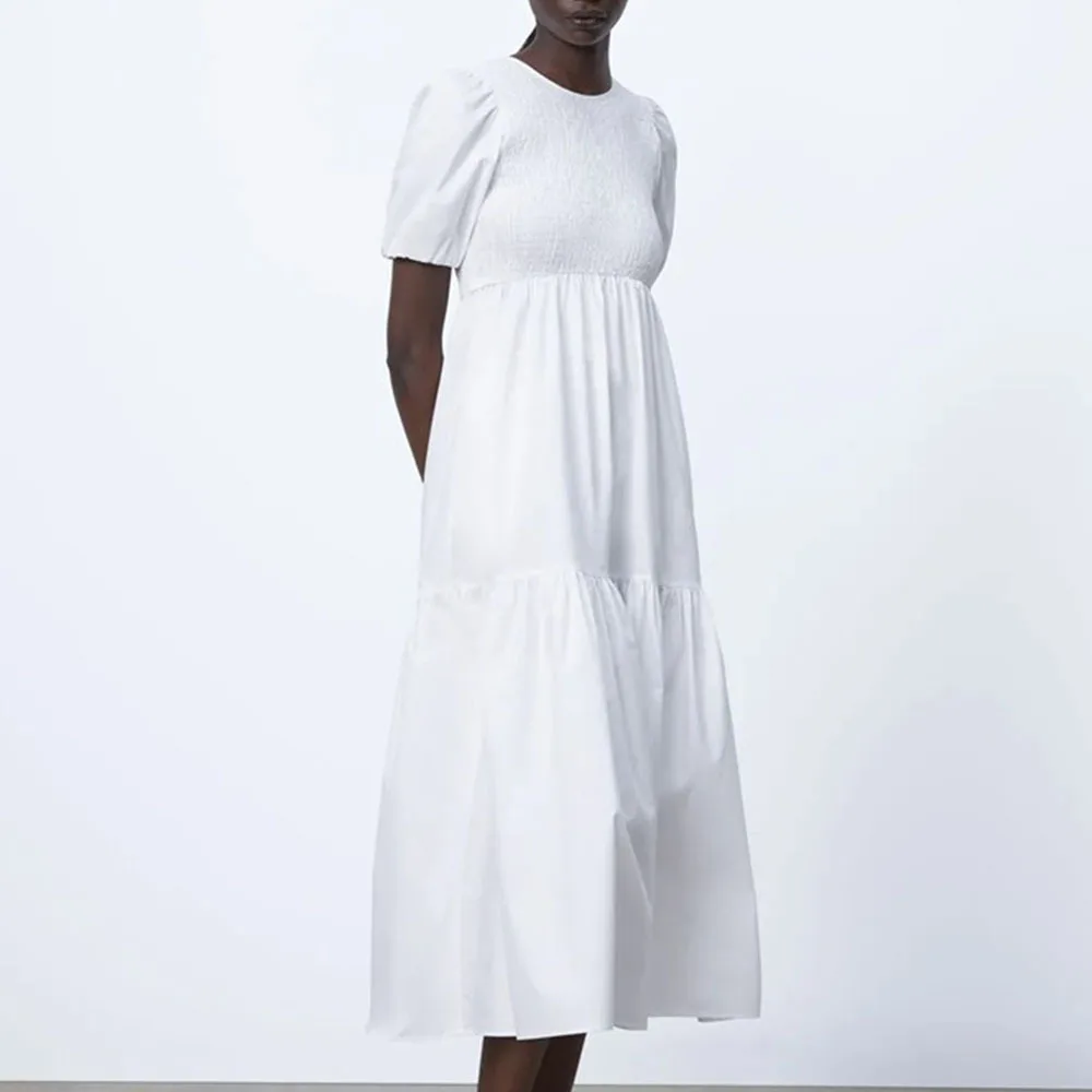 White Women's Spring New Temperament Short-sleeved Honeycomb Detail Midi Long Party Dress
White Women's Spring New Temperament Short-sleeved Honeycomb Detail Midi Long Party Dress