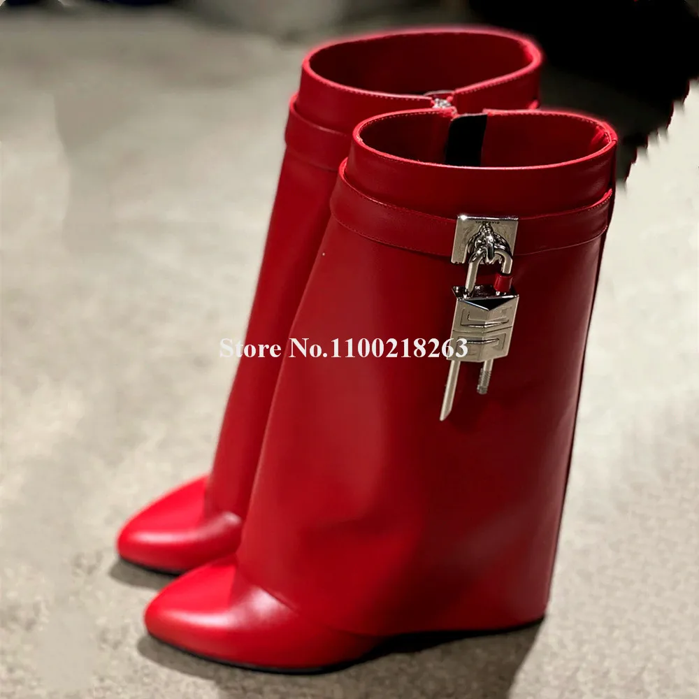 

Newest Women Fold Short Wedge Boots Pointed Toe Red Black Grey Purple Metal Buckles Decorated Mid-calf Slip-on Wedges