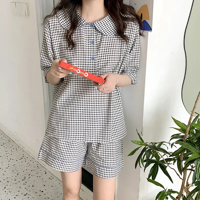 Kawaii Peter Pan Collar Summer Pajamas Set Women Plaid Print Two Piece Home Suit Vintage Cotton Sleepwear Pocket
Kawaii Peter Pan Collar Summer Pajamas Set Women Plaid Print Two Piece Home Suit Vintage Cotton Sleepwear Pocket