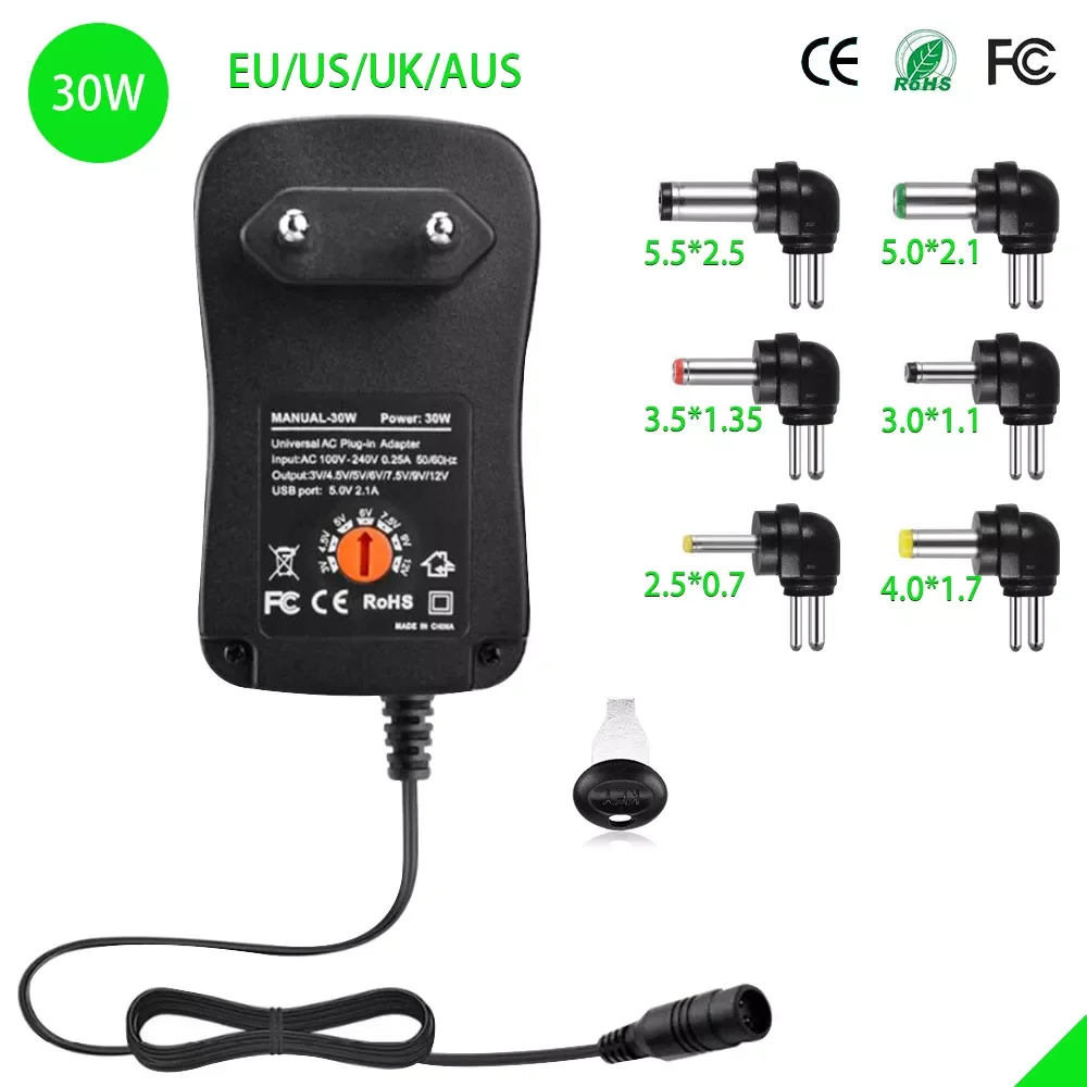 30W Universal Adaptor Charger 3V 4.5V 5V 6V 7.5V 9V 12V 2A 2.5A AC/DC Adapter Adjustable Power Supply Adapter
30W Universal Adaptor Charger 3V 4.5V 5V 6V 7.5V 9V 12V 2A 2.5A AC/DC Adapter Adjustable Power Supply Adapter