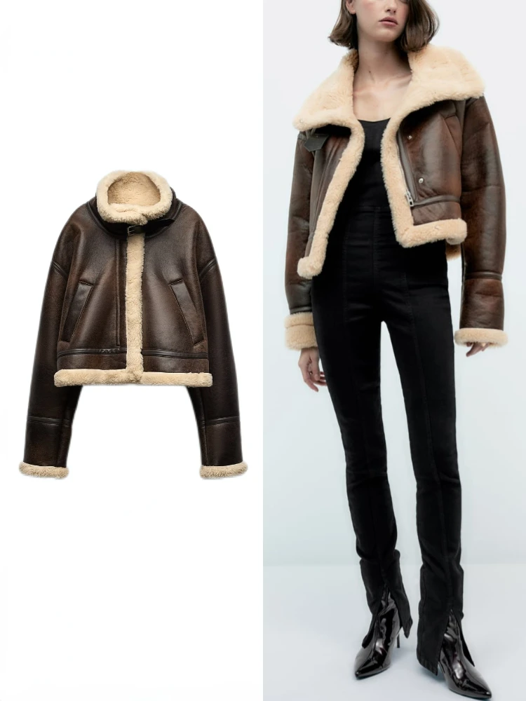 ZBZA Women Double Faced Biker Jacket New Faux Leather Warm Lambswool Thicken Jacket Tabbed Lapel Female Short Coat PU Outerwear
ZBZA Women Double Faced Biker Jacket New Faux Leather Warm Lambswool Thicken Jacket Tabbed Lapel Female Short Coat PU Outerwear