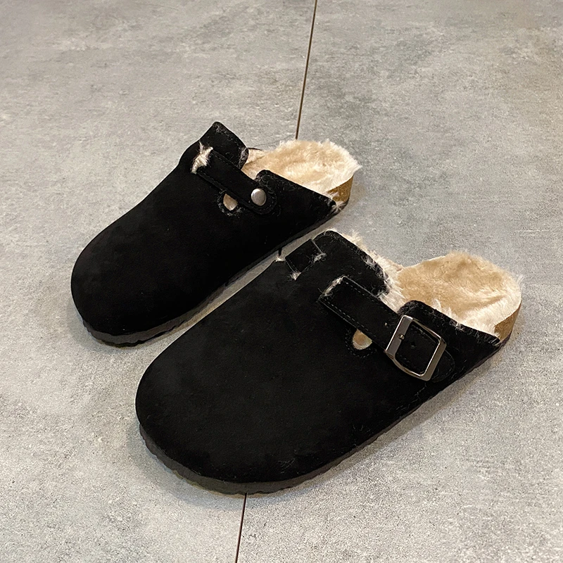 

Women's Luxury Closed Toe Cork Fur Slippers 2023 Winter Designer Cow Suede Leather Plush Warm Clogs Cork Platform Shoes Slides