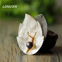 6.5x4.5cm Antique Shell Metal Snail Leaves Brooches with Natural Stone Freshwater Pearl Brooch Pins Women Vintage Jewelry Gift