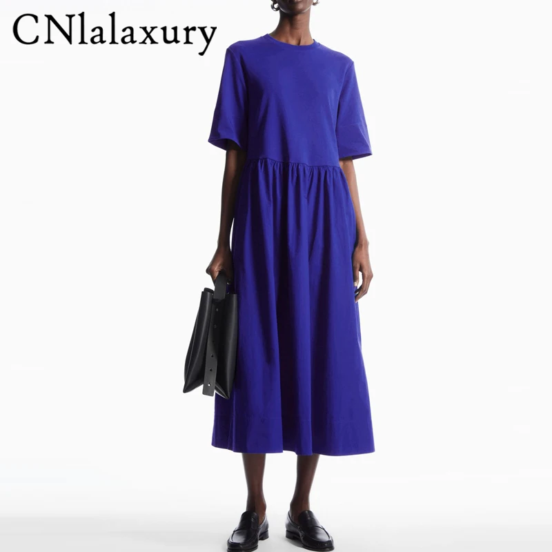 

CNlalaxury Spring Cotton Loose Midi Dress Women 2023 Retro Short Sleeve Pocket Summer Robe Blue Casual Midi Dress Party Vestidos