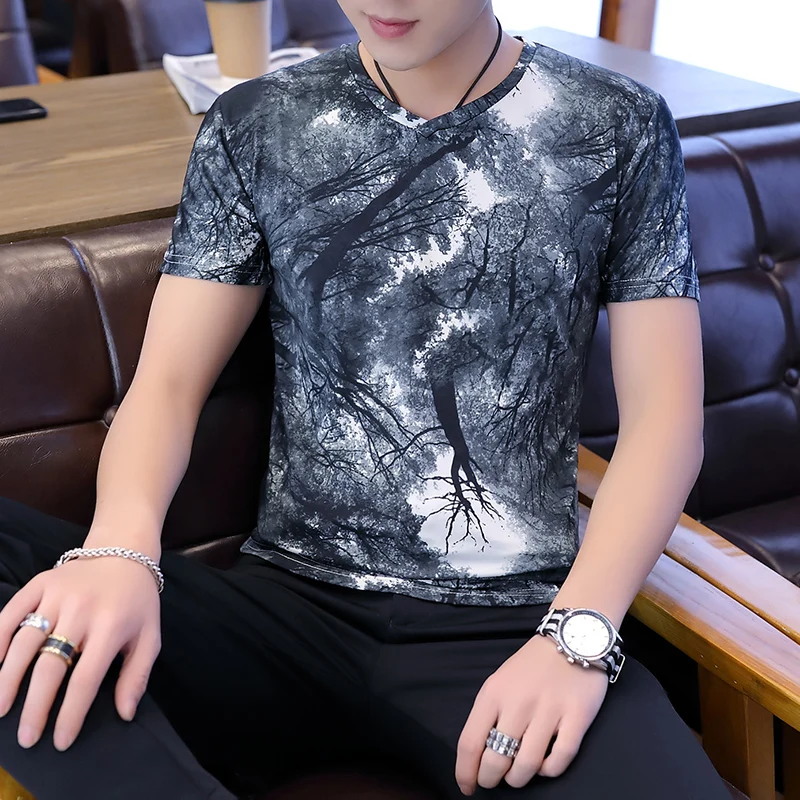 

Новинка лета 2022, футболка из вискозы с коротким рукавом и принтом, v-образный вырез, Корейская версия, молодежная облегающая футболка с рукавом до локтя