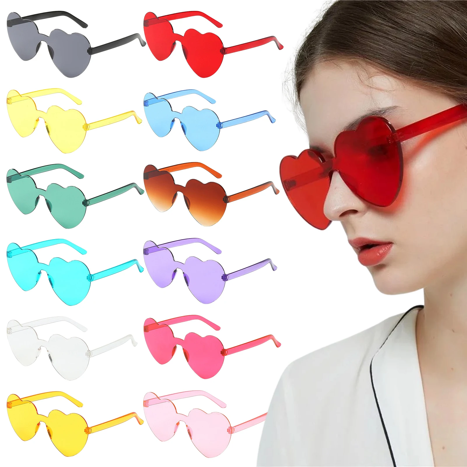 

12 Pieces Heart Glasses Candy Color Heart Love Glasses Rimless Women Sunglasses Photo Props Party Favor Valentines Day Gifts