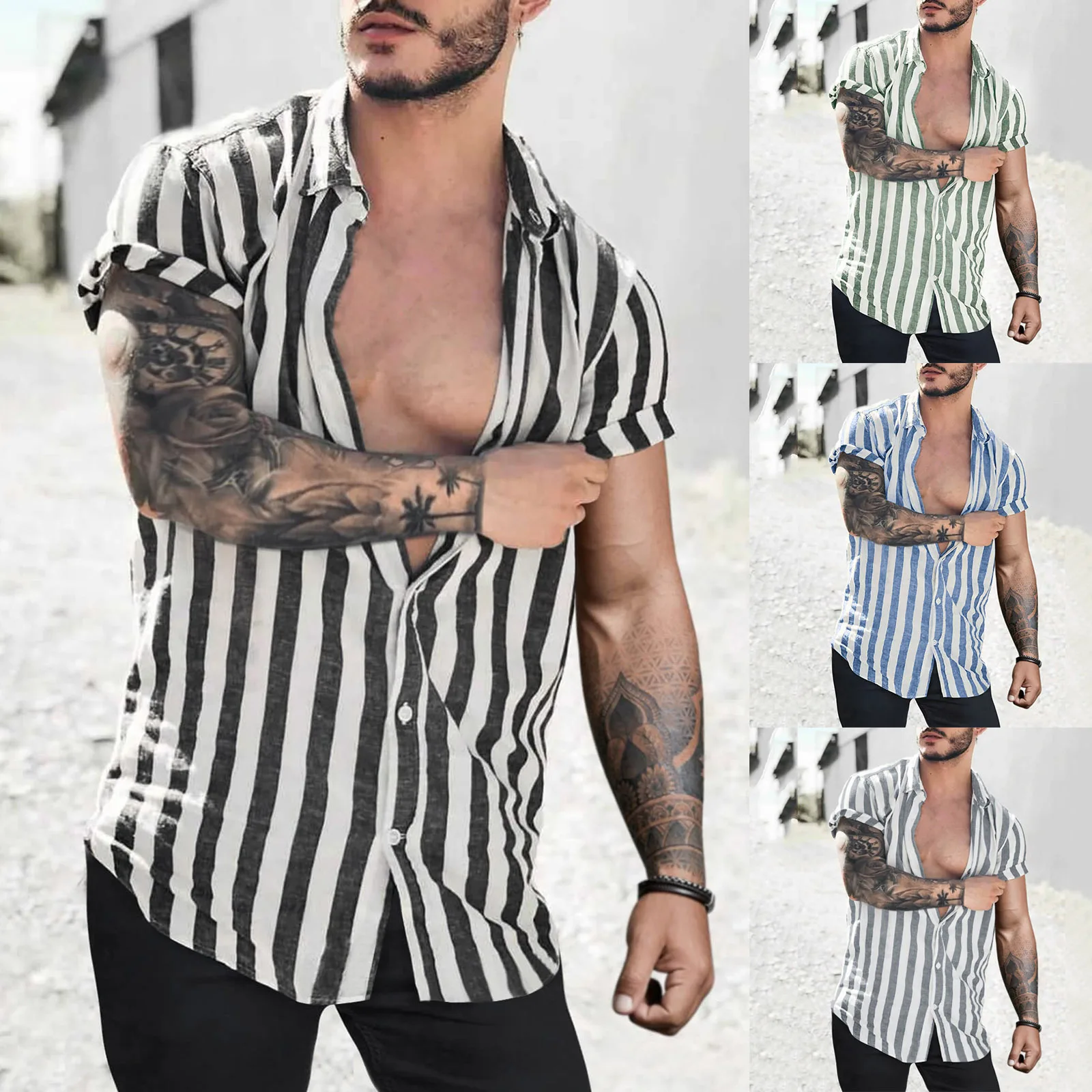 2022 spring and summer new men's clothing lapel stripe cardigan linen short sleeve beach shirt men g170
2022 spring and summer new men's clothing lapel stripe cardigan linen short sleeve beach shirt men g170