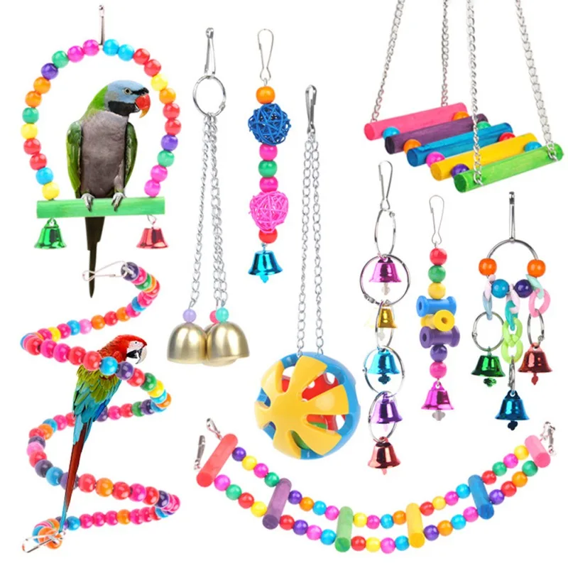 

Combination Bird Toys Set Swing Chewing Training Toys Small Parrot Hanging Hammock Parrot Cage Bell Perch Toys with Ladder Toys
