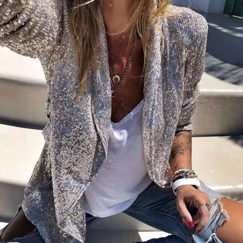 Женские модные блестящие топы с блестками для вечеринок, элегантная верхняя одежда с отложным воротником, пальто, женские повседневные топ...
Женские модные блестящие топы с блестками для вечеринок, элегантная верхняя одежда с отложным воротником, пальто, женские повседневные топ...