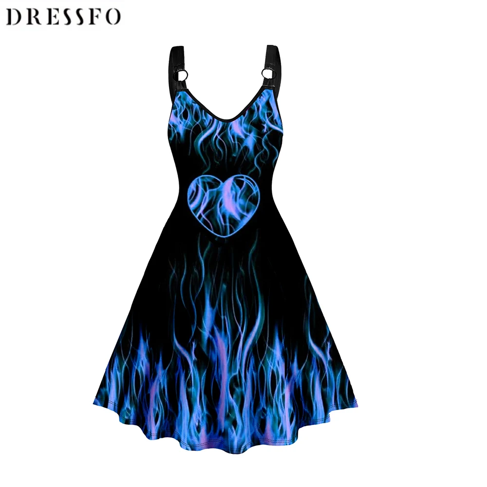 

Dressfo Women Dress Flame and Heart Print Tank Dress O Ring V Neck A Line Casual Midi Summer Sleeveless Fashion Dress 2023