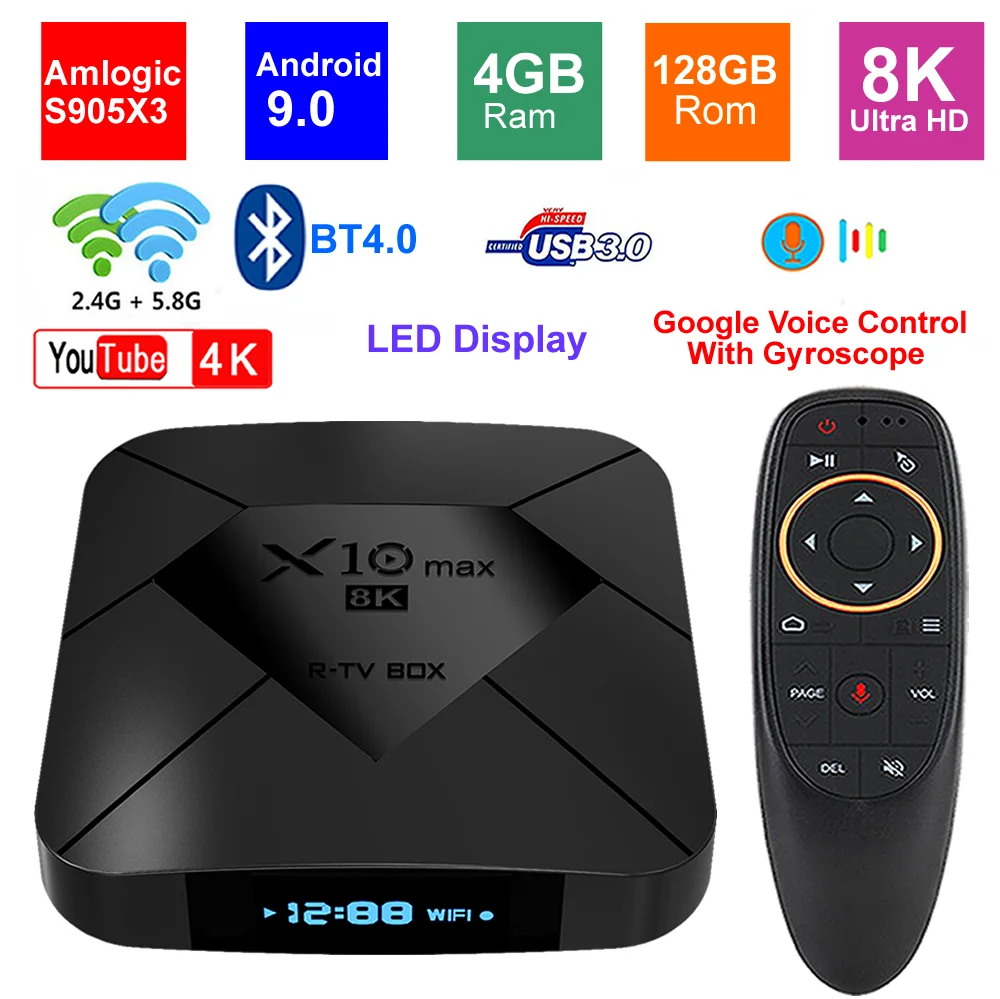 8K Dispositivo de TV inteligente X10 MAX Android 9,0 Amlogic S905X3 4G 128GB ROM pantalla LED de 5G Dual WIFI BT4.0 USB 3,0 HDR
8K Dispositivo de TV inteligente X10 MAX Android 9,0 Amlogic S905X3 4G 128GB ROM pantalla LED de 5G Dual WIFI BT4.0 USB 3,0 HDR