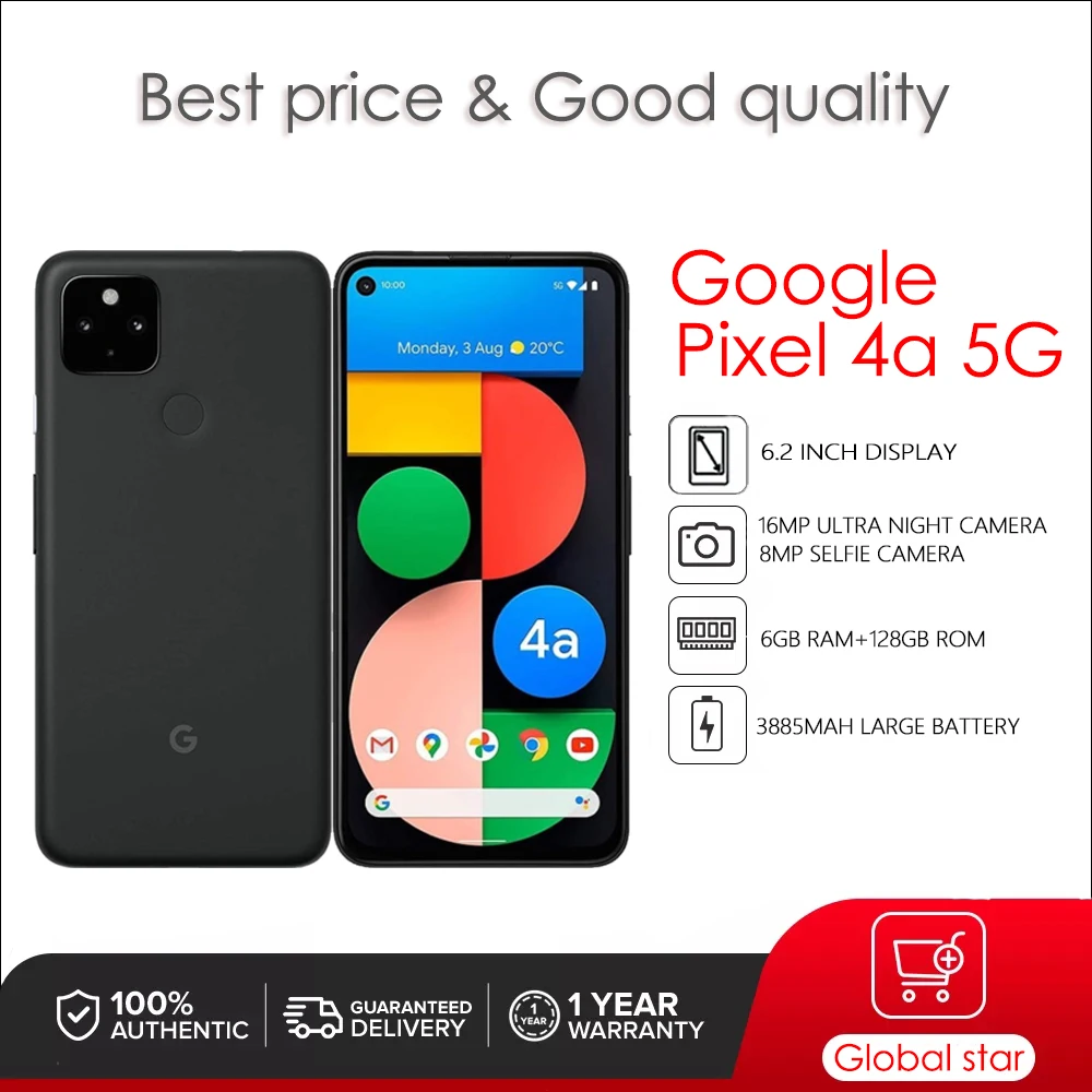 

Original Unlocked Google Pixel 4a 5G 6.2" 6GB RAM 128GB ROM 3885mAh 16MP NFC Octa Core 5G LTE Smartphone Cell Phone