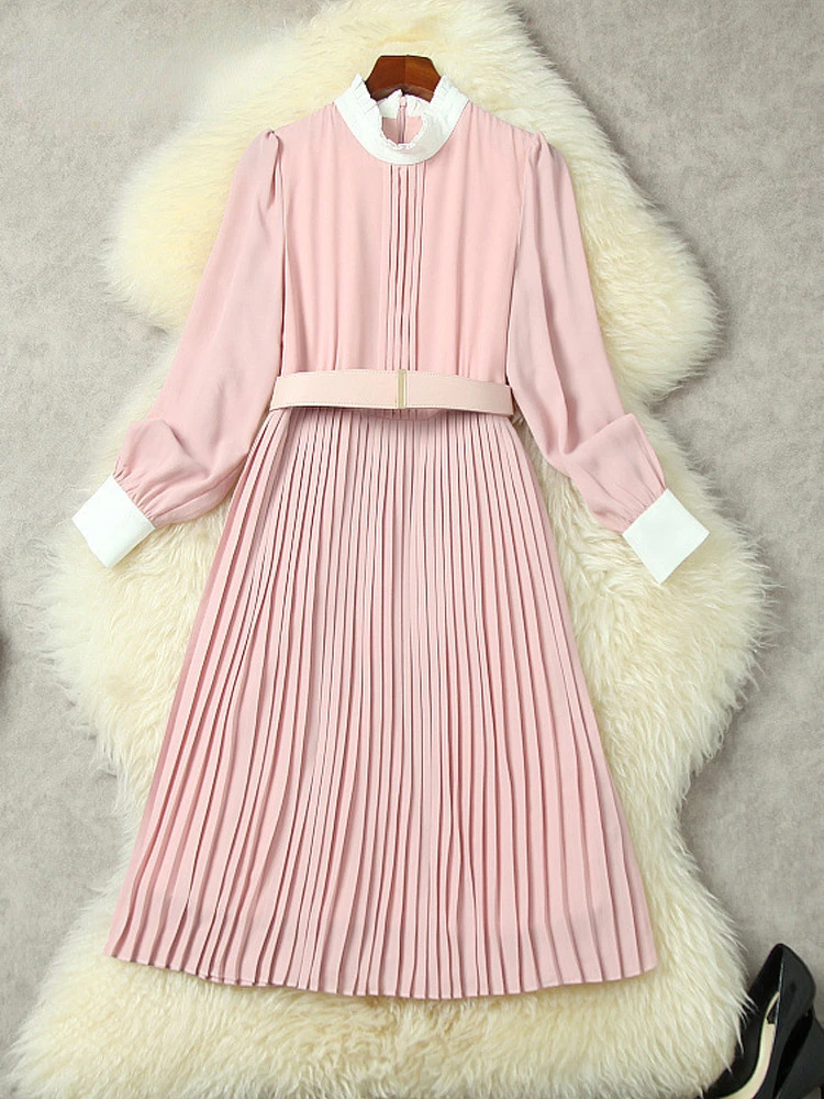 Fashion Long Sleeve Ruffled Collar Midi Pleated Pink Chiffon Dress Women Spring Clothes 2022 Elegant Cute Casual Vestidos 
Fashion Long Sleeve Ruffled Collar Midi Pleated Pink Chiffon Dress Women Spring Clothes 2022 Elegant Cute Casual Vestidos
