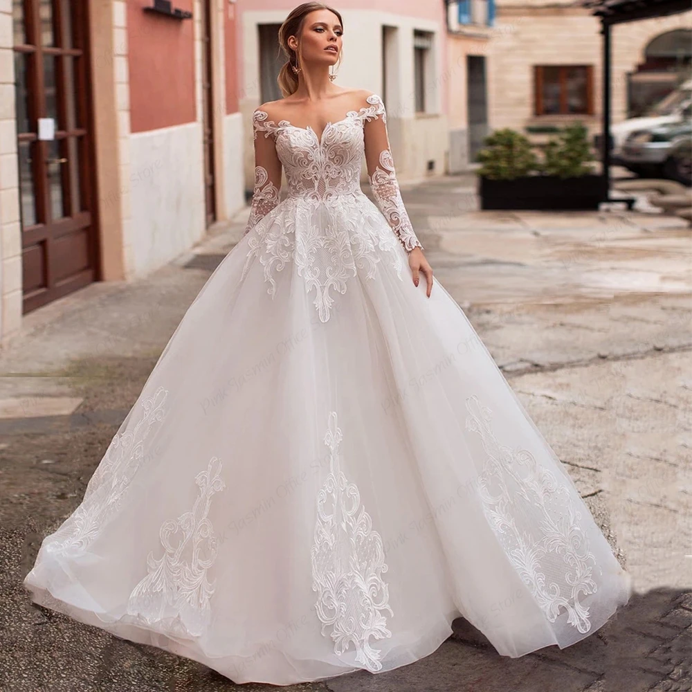 

Charming Full Sleeve Strapless Wedding Dresses for Ladies 2023 A Line Sparkle Bridal Gowns with Lace Summer Vestidos De Novia