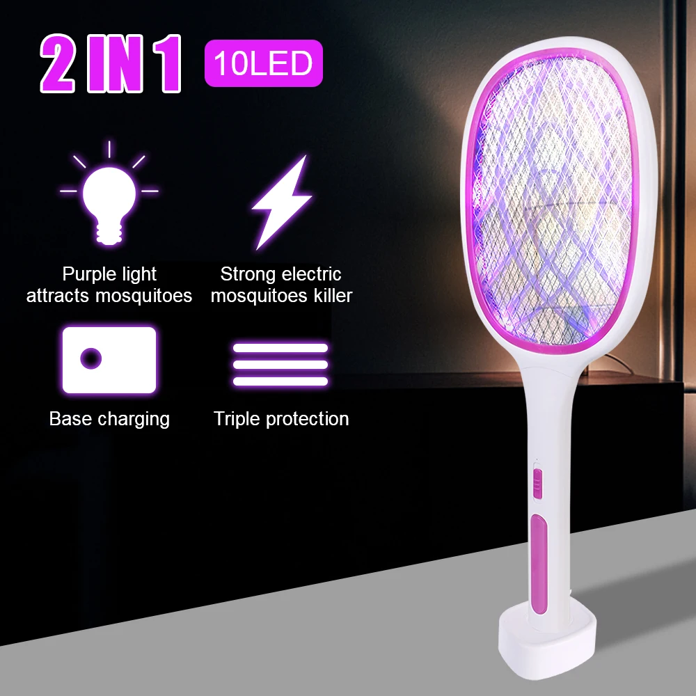 

Summer Mosquito Trap Racket 3000V Anti Insect Bug Zapper Electric Flies Swatter Killer LED Lamp USB Rechargeable with UV Light