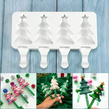 4 Cells Christmas Tree Popsicle Mold Diy Tree Shape Chocolate Mould Wooden Stick Cake Decorating Tools Kitchen Accessories