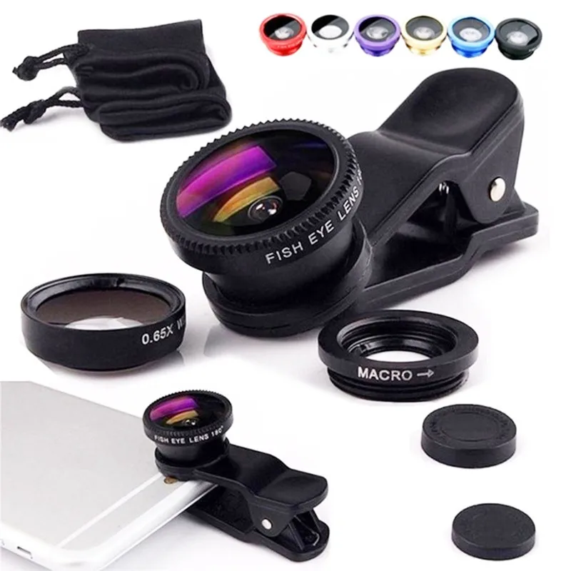 

3in1 Fisheye Wide Angle Micro Camera Lens for IPhone Redmi Xiaomi 3 In 1 Zoom Fish Eye Len on Smartphone Lenses with Phone Clip