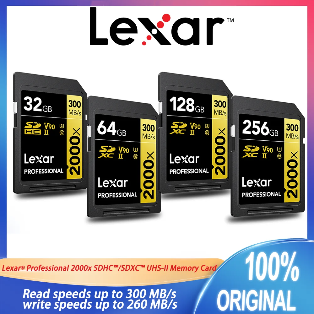 

Lexar 2000x SDHC/SDXC UHS-II 32GB 64GB 128GB 256GB SD Memory Card U3 V90 8K Video Camera Memory Card Read 300MB/s Write 260MB/s