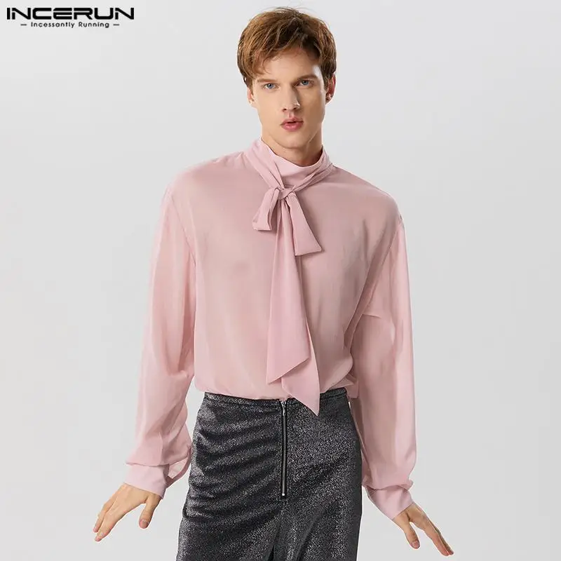 

INCERUN Tops 2023 American Style Men's Chiffon Perspective Ribbon Shirts Fashion Half High Collar Thin Long Sleeved Blouse S-5XL