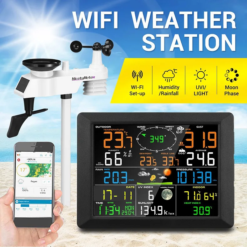Метеостанция Беспроводная с Wi-Fi, термометр-гигрометр для прогноза погоды и дождя, индекс УФ-излучения, 24 часа
Метеостанция Беспроводная с Wi-Fi, термометр-гигрометр для прогноза погоды и дождя, индекс УФ-излучения, 24 часа