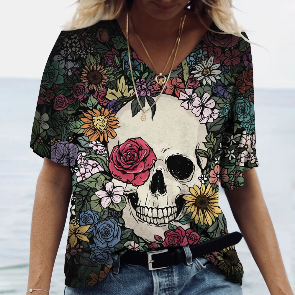 Vintage Skull Women's T Shirt 3D Printed V-neck Blouses Casual Short Sleeve Pullover Tops Summer Oversized Harajuku Clothes
Vintage Skull Women's T Shirt 3D Printed V-neck Blouses Casual Short Sleeve Pullover Tops Summer Oversized Harajuku Clothes