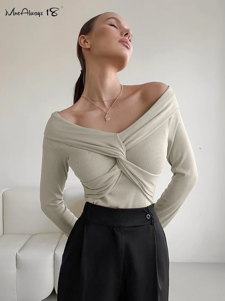 

Mnealways18 Overlap Sexy Ribbed Knitted Tees Slash Neck Long Sleeve Inner Autumn Tops Office Lady Cross Khaki Pullover Tops 2023