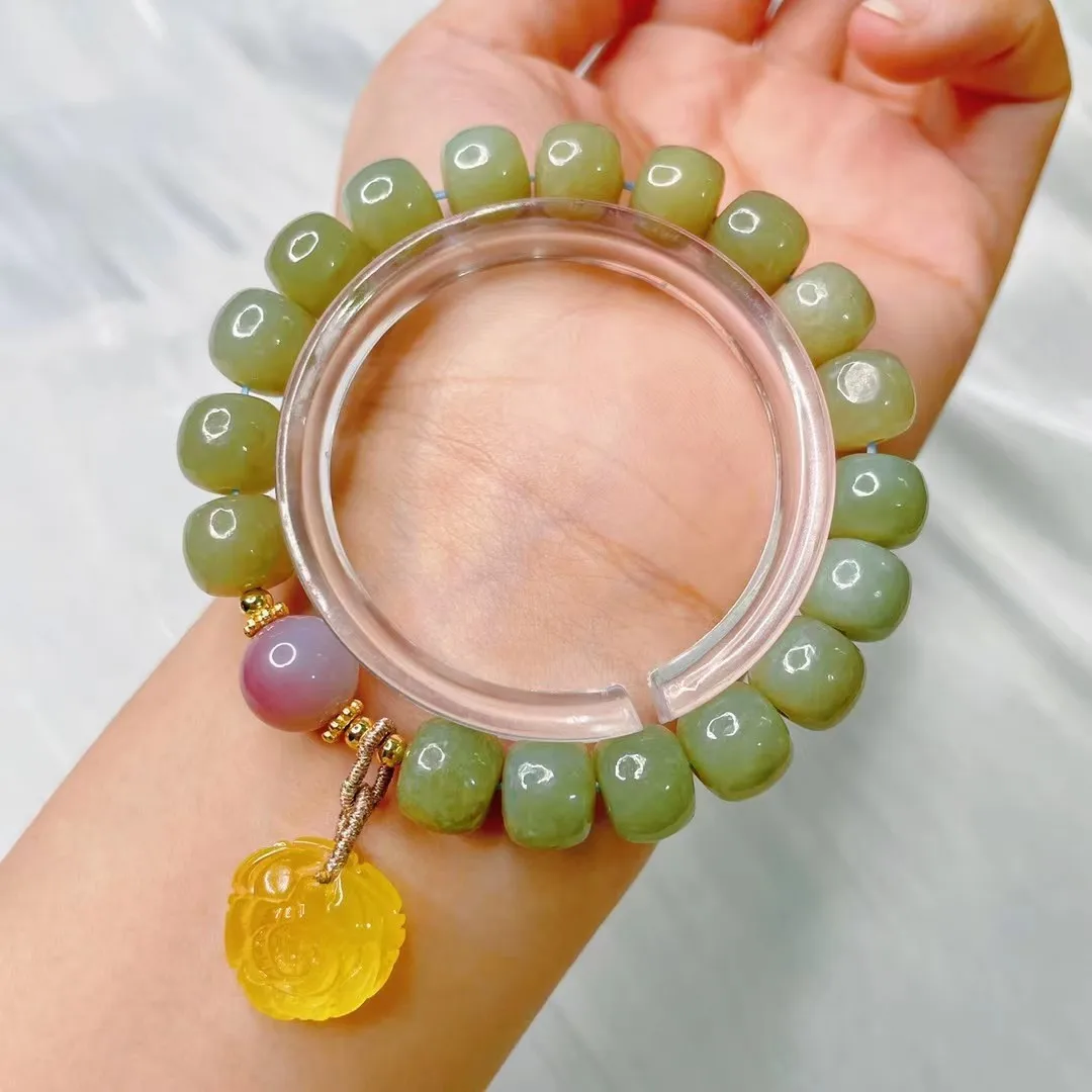 Genuine Hetian Jade Nephrite Bracelet Women Healing Gemstone Green Jades Barrel Beads With Golden Amber Flowers Diy Bracelets
Genuine Hetian Jade Nephrite Bracelet Women Healing Gemstone Green Jades Barrel Beads With Golden Amber Flowers Diy Bracelets