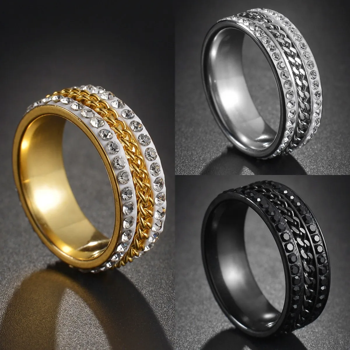 Spinner Chain Rotable Rings For Men Women Crystal Zircon Stainless Steel Anxiety Fidget Spinning Ring Lover Jewelry Wholesale
Spinner Chain Rotable Rings For Men Women Crystal Zircon Stainless Steel Anxiety Fidget Spinning Ring Lover Jewelry Wholesale
