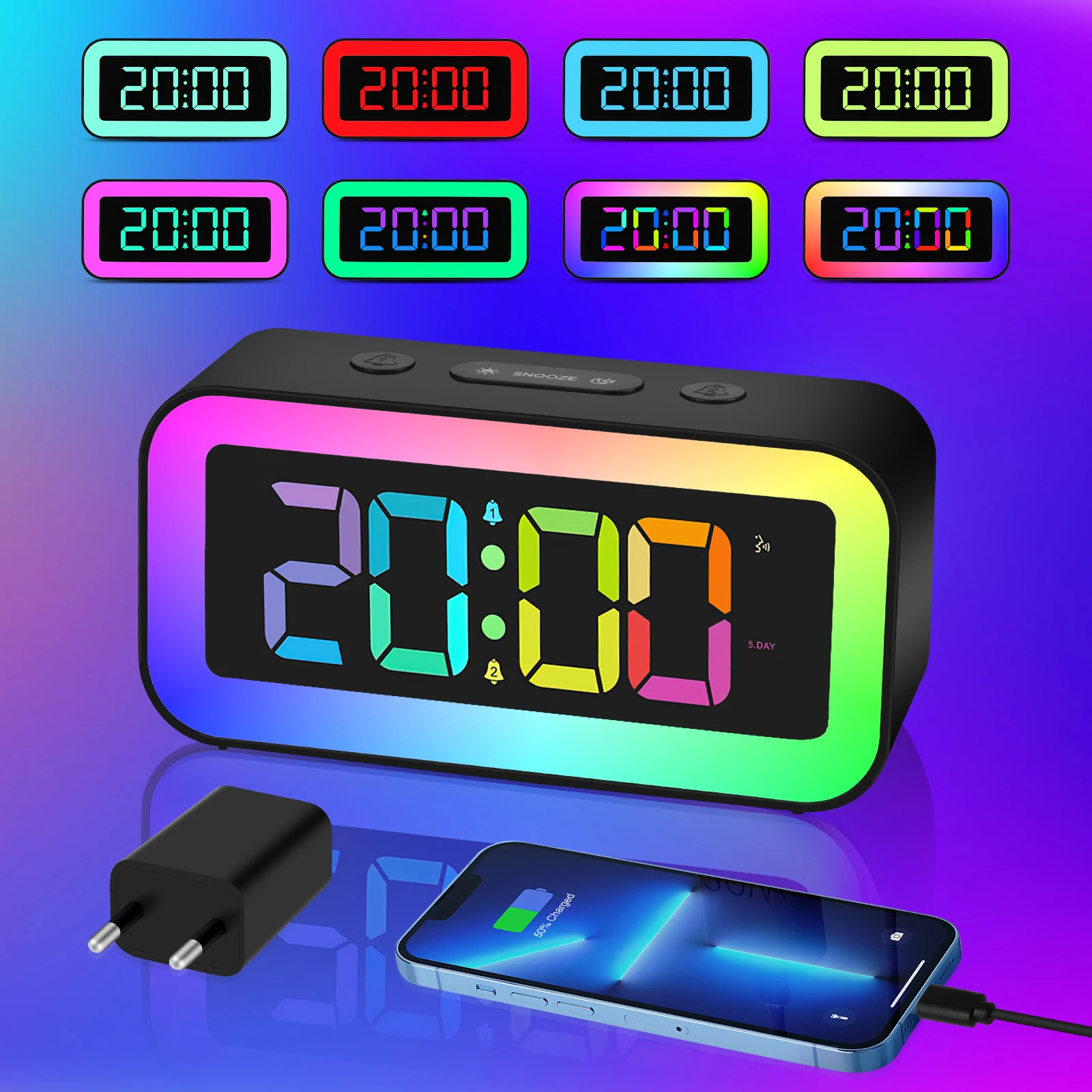 

LED Digital Alarm Clock RGB Magic Night Light Function Rechargeable Dimmable Snooze Modes Clocks Christmas Decorations For Home