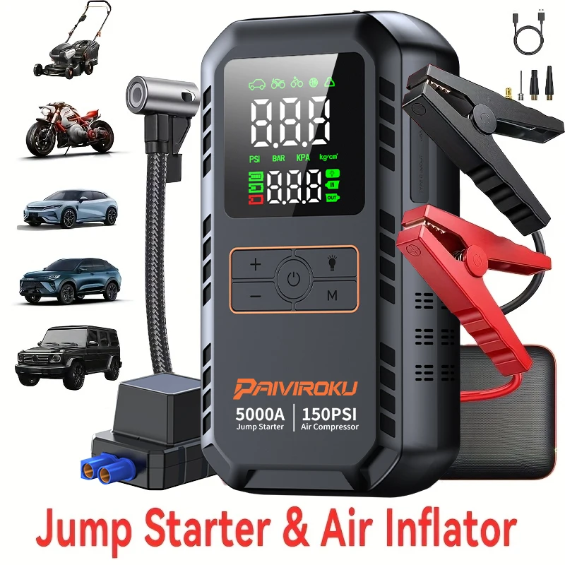 PAIVIROKU 5000A Пусковое устройство для автомобиля с воздушным компрессором 150PSI, портативный бустер для аккумулятора, внешний аккумулятор, насос для подкачки шин
PAIVIROKU 5000A Пусковое устройство для автомобиля с воздушным компрессором 150PSI, портативный бустер для аккумулятора, внешний аккумулятор, насос для подкачки шин