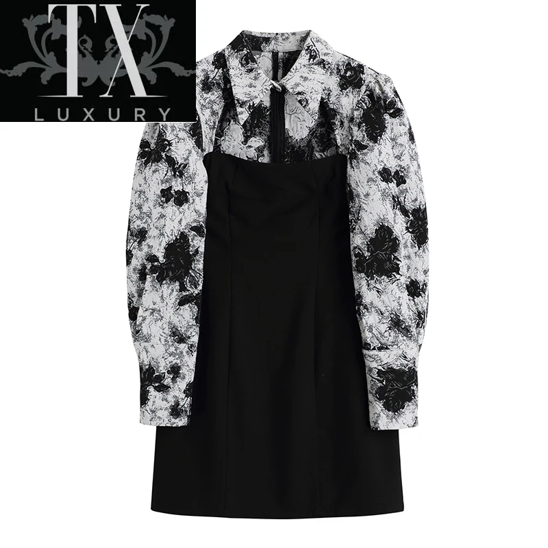 Autumn New Style Temperament Fake 2 Piece Women Vintage Sexy Hollow Design Ink Jacquard Long Sleeve Lady Short Dress
Autumn New Style Temperament Fake 2 Piece Women Vintage Sexy Hollow Design Ink Jacquard Long Sleeve Lady Short Dress