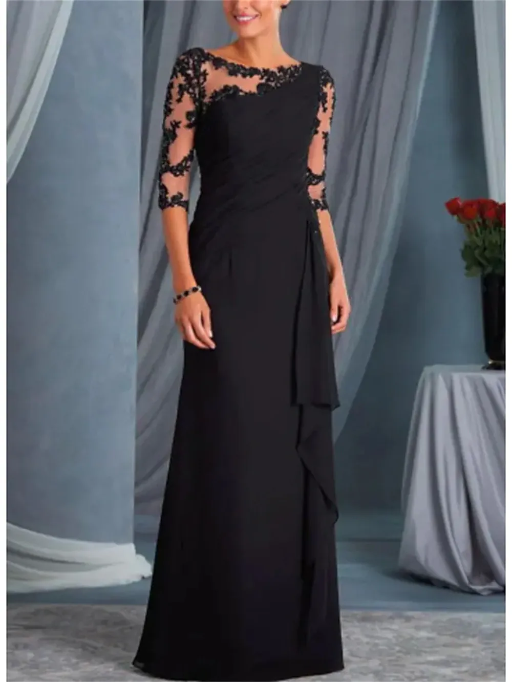 Mother of the Bride Dress Plus Size Bateau Neck Floor Length Chiffon Lace Half Sleeve with Lace
Mother of the Bride Dress Plus Size Bateau Neck Floor Length Chiffon Lace Half Sleeve with Lace