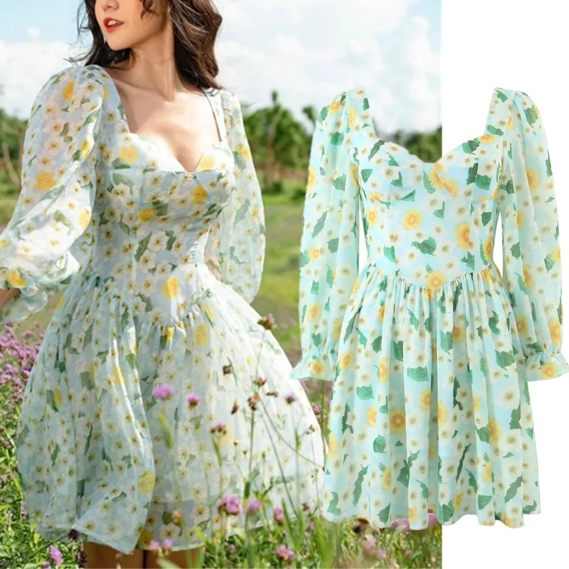 Jenny&Dave French Style Indie Folk Green Floral Print Square Collar Chiffon Mini Dress Women
Jenny&Dave French Style Indie Folk Green Floral Print Square Collar Chiffon Mini Dress Women