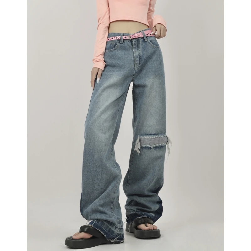 

Женские джинсы с высокой талией, синие прямые брюки в американском стиле с широкими штанинами в уличном стиле, лето 2023
