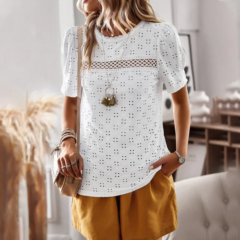 2023 Women T-shirts Casual Loose Fashion White Trendy Clothes Hollow Out Blouse Shirt Summer Spliced Round Collar Tops Tees
2023 Women T-shirts Casual Loose Fashion White Trendy Clothes Hollow Out Blouse Shirt Summer Spliced Round Collar Tops Tees