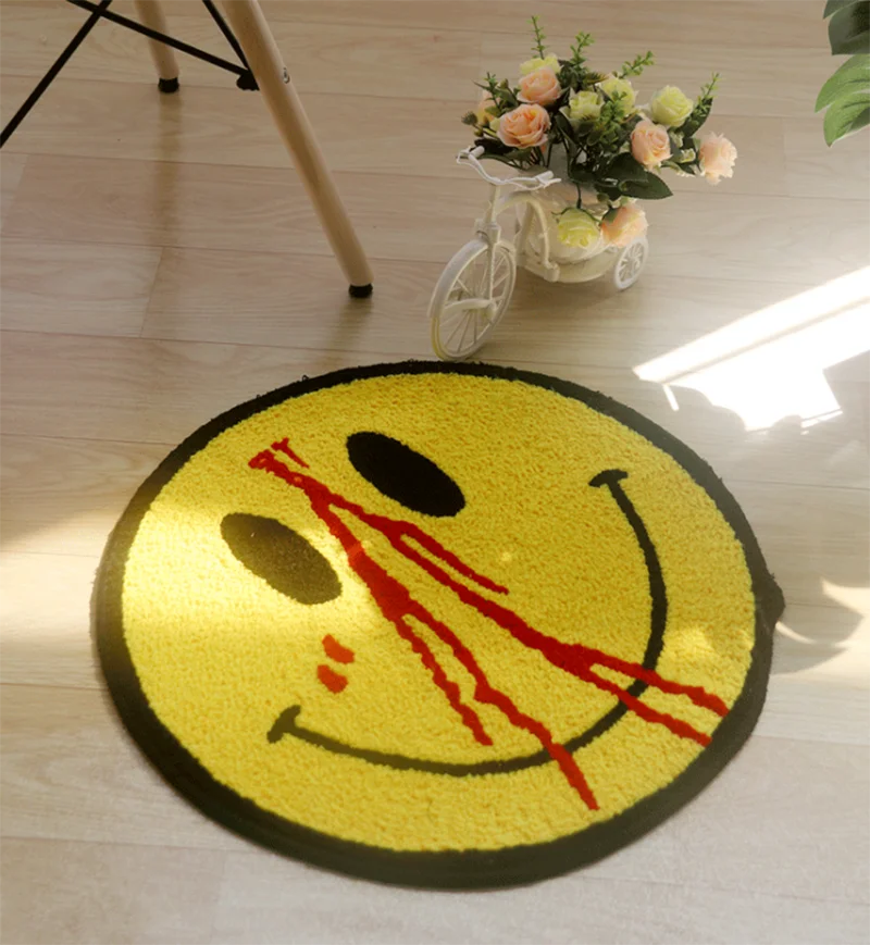 

50cm Decor Carpet Round Smile Face Embroidered Rug Bath Mat Living Room Area Rug Bathroom Doormat Anti-slip Absorbent Floor Mats