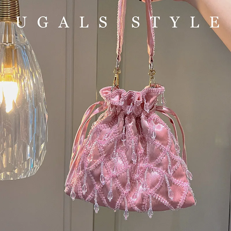 

Роскошная дизайнерская атласная сумка-мешок, вечерняя дамская сумочка ручной работы с бисером и кисточками, клатч для свадебной вечеринки, клатч через плечо