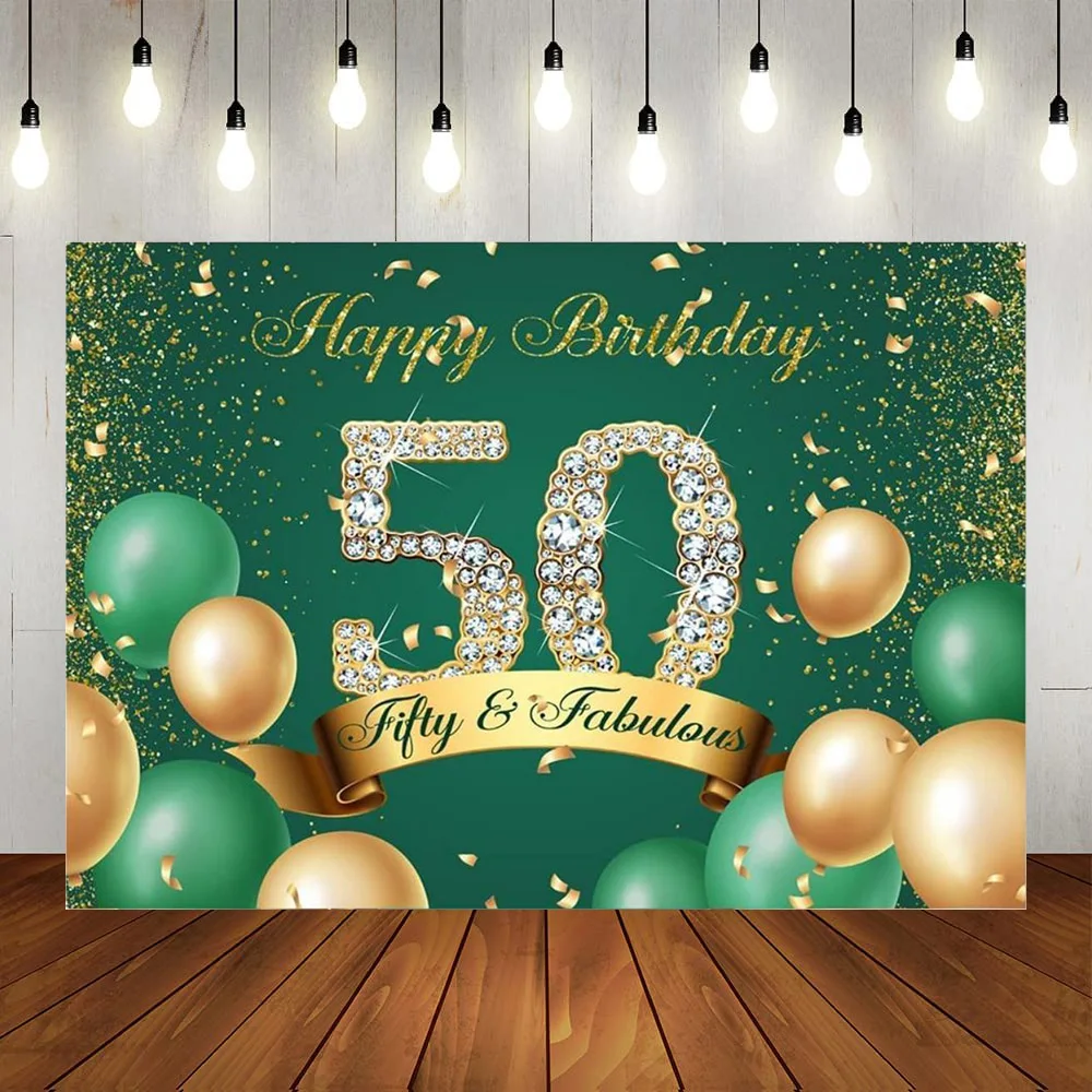 

Happy 50th Birthday Backdrop Glitter Green Gold Dots Fifty Women Men 50th Birthday Party Banner Wall Decor Balloons Background