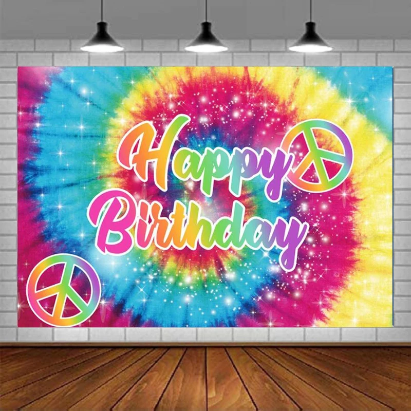 

Photography Backdrop Tie-Dye 60's Hippie Theme Happy Birthday Party Background Groovy Sign Rainbow Decorations Cake Table Banner