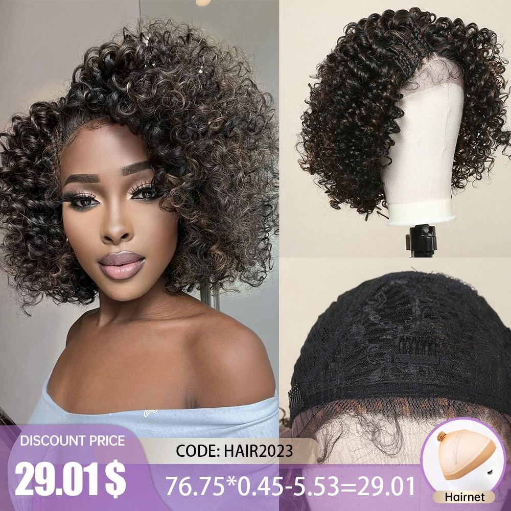 

Short Afro Kinky Curly Bomb Lace Front Synthetic Wigs Natural Black Brown Highlight Full Wig for Women Heat Resistant Hair Daily