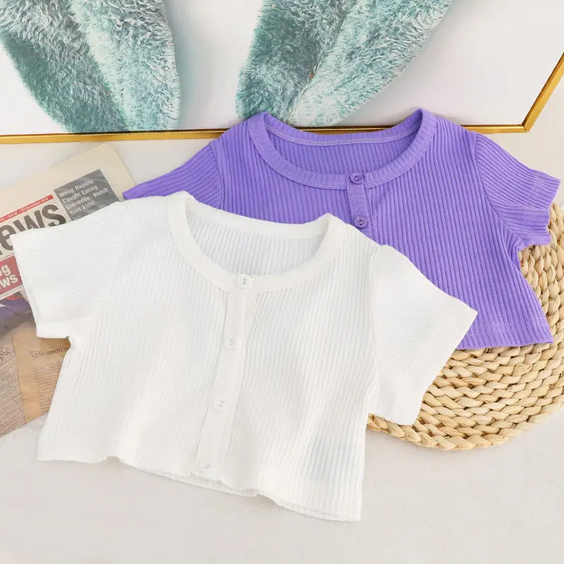 

Girls T-shirts Cotton Knitted Hem Crop Tops Short Sleeve T-shirts Costumes for Kids 2022 Summer Clothes Girls 10 To 12 Teenage