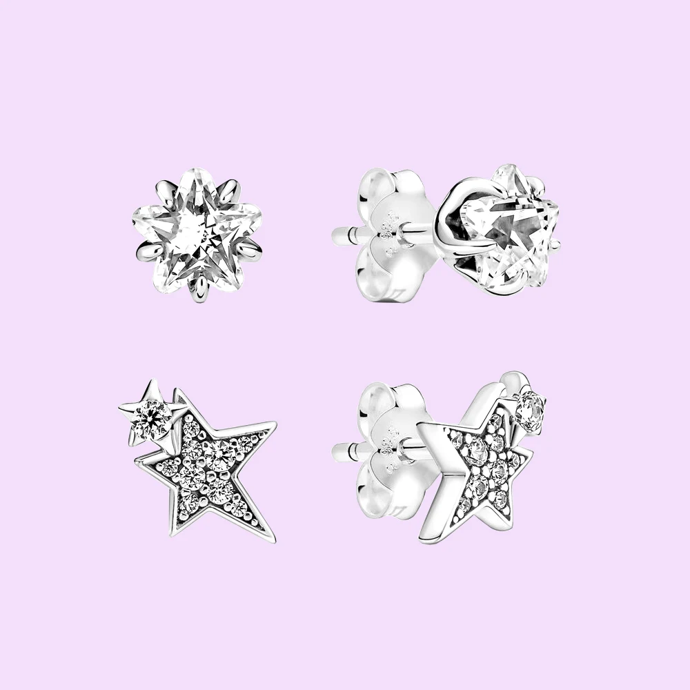 

925 Silver Sparkling Asymmetric Stars Stud Earrings fit for Pandora Original Banquet Party Fashion Girls Jewelry Gift