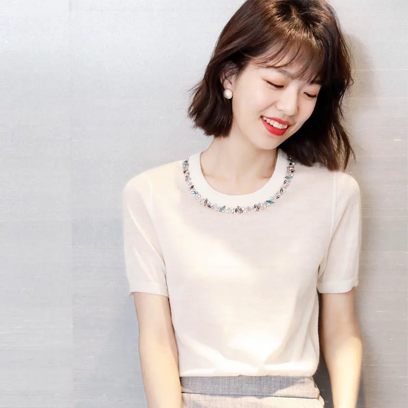 Ice silk short-sleeved silky beaded knitted sweater 2022 summer new elegant T-shirt loose Korean ultra-thin fashion
Ice silk short-sleeved silky beaded knitted sweater 2022 summer new elegant T-shirt loose Korean ultra-thin fashion